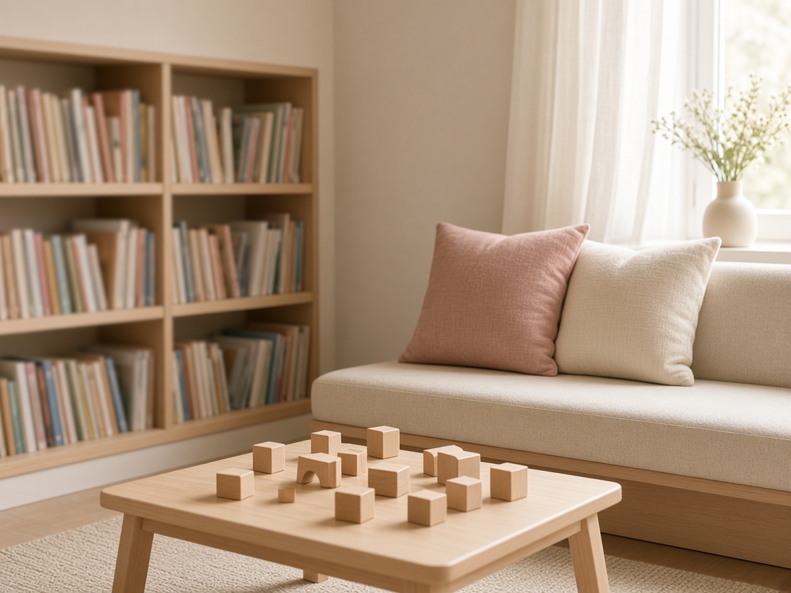 Warm clinic waiting nook with wooden blocks and soft seating