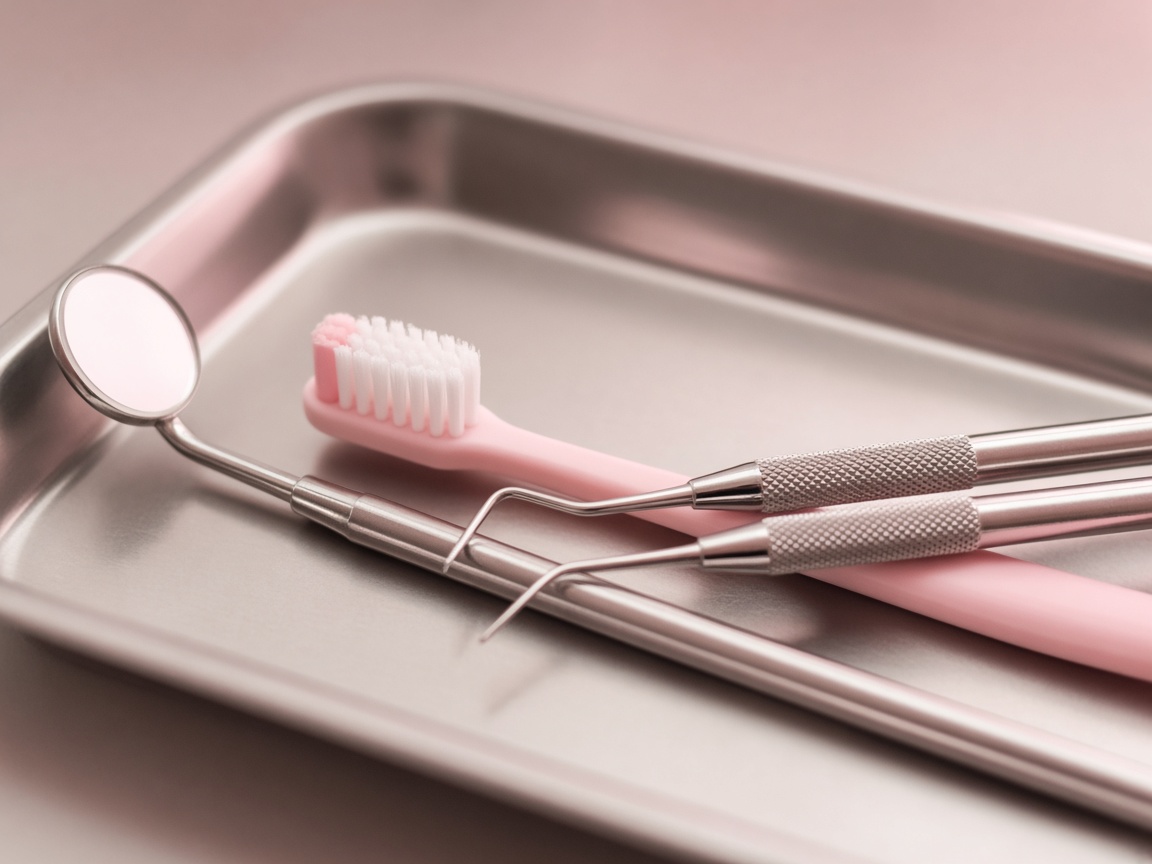Pediatric dental instruments and soft toothbrush on a clean tray